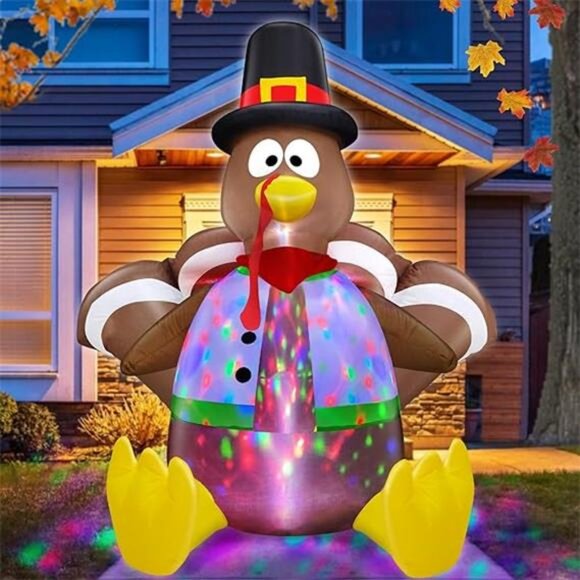 [ Colorful Rotating Lights ] 6 Ft Tall Thanksgiving Inflatable Turkey - Picture 7 of 7